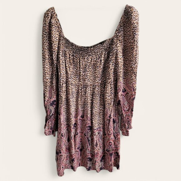 Maeve Paisley Boho Smocked Tunic Dress Square Neck Long Sleeve Milou Womens L - Picture 6 of 12